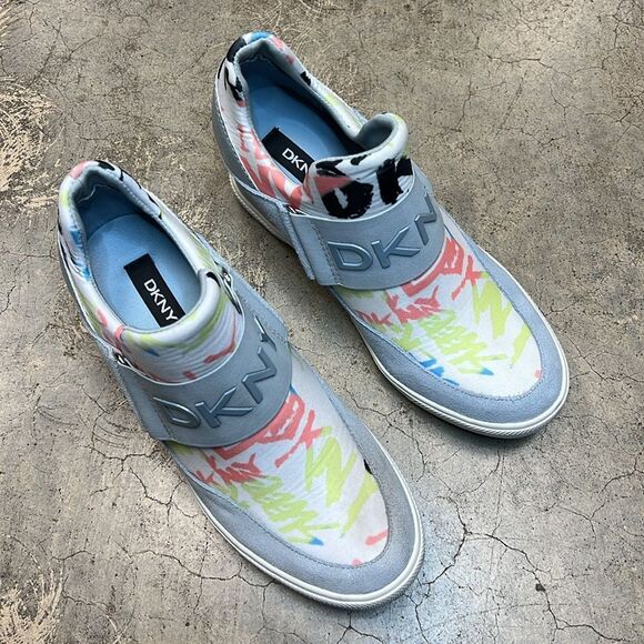 DKNY light blue wedge sneakers with center green pink, and white graphics - Picture 8 of 11